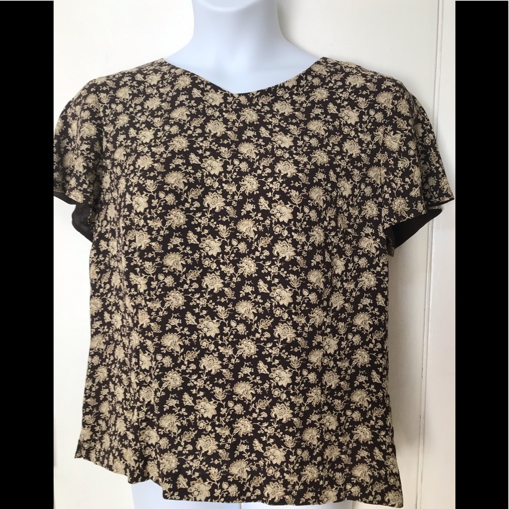 Talbots Cream / Brown Silk Top Skirt Set / Size 18